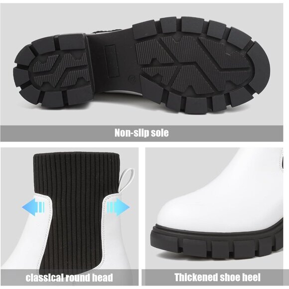 BKWHDAY Women's White Black Chelsea Platform Ankle Boots Fashion Chunky Heel - Picture 3 of 7